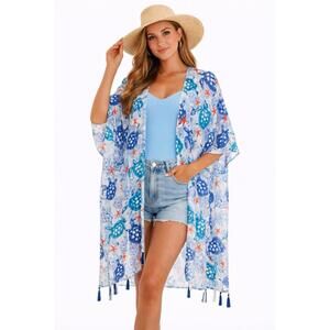 NWT Henna Shoppe Sea Turtle Kimono Robe Rayon Tassel Blue Cover Up OS A27